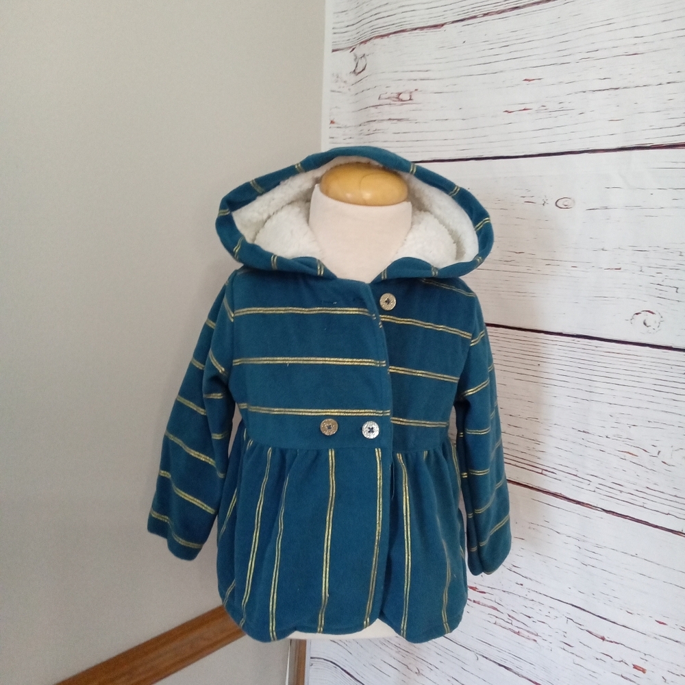 Carter’s Baby Girls Hooded Coat 18M Teal Striped Sherpa Lined Jacket